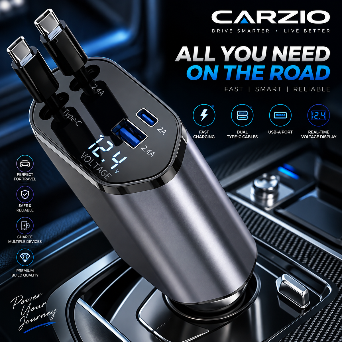 CARZIO ChargeCore™ 60W — 4-in-1 Retractable Car Charger
