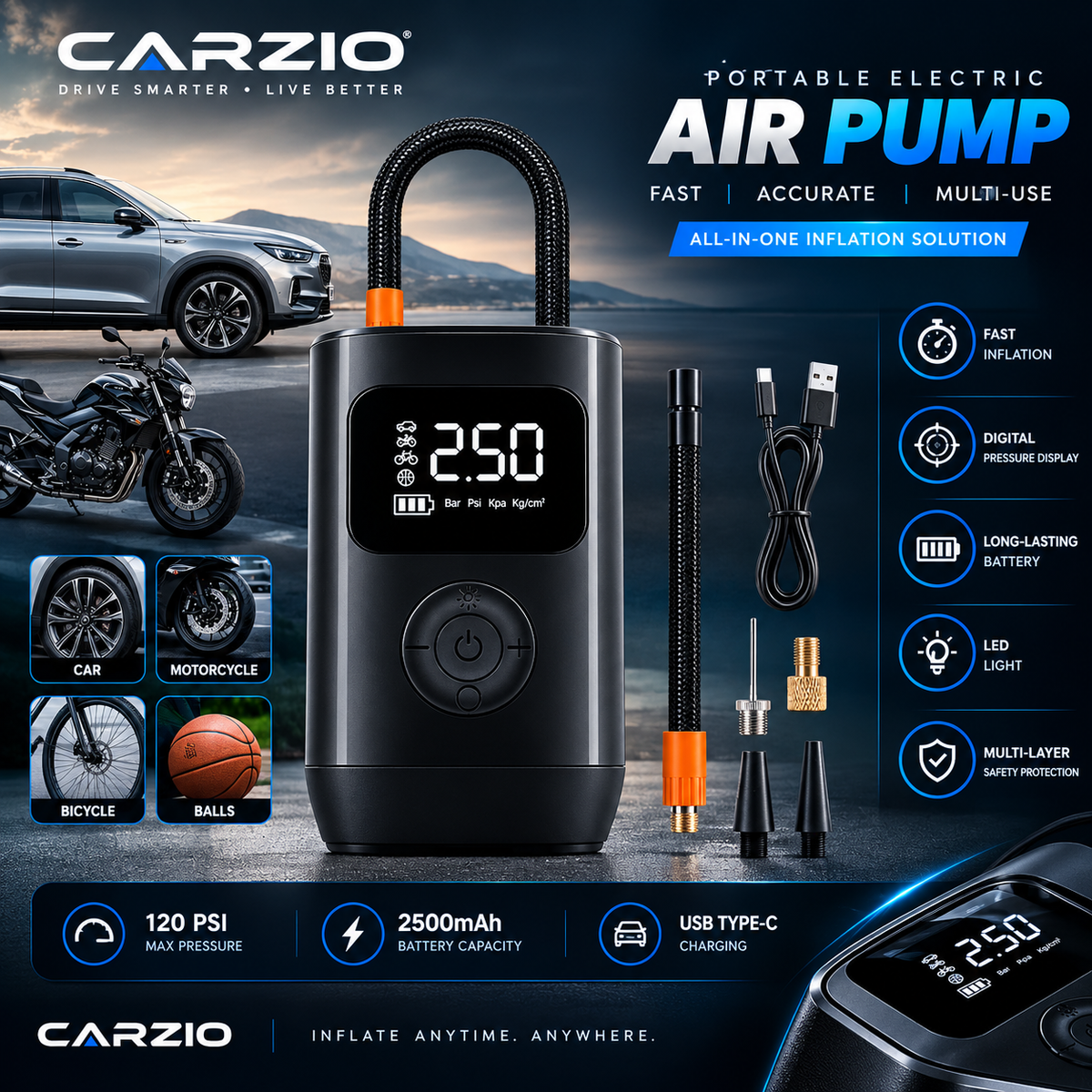 CARZIO AirPulse™ 150 PSI Portable Air Compressor